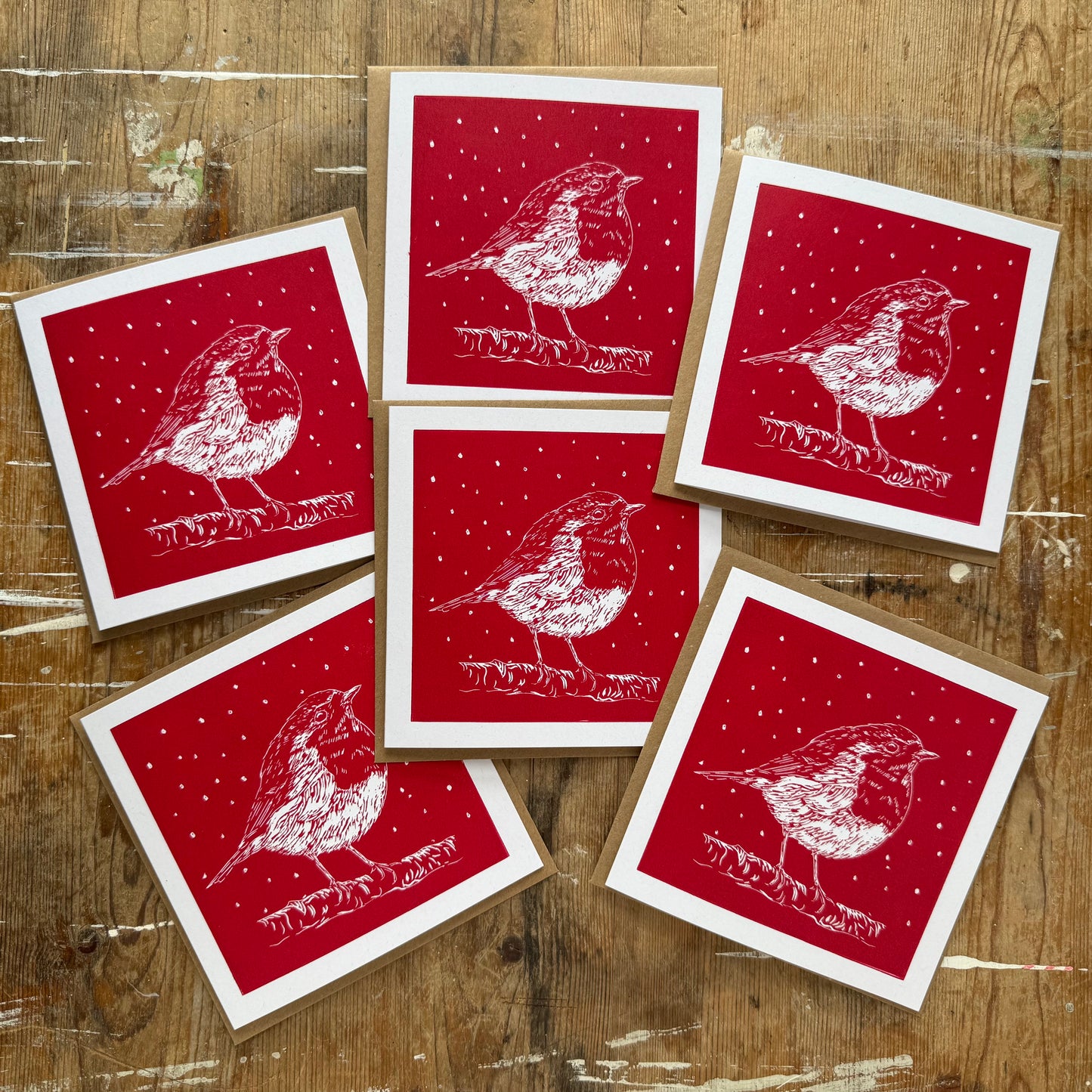 Robin in the Snow - 6 Handprinted Christmas Cards