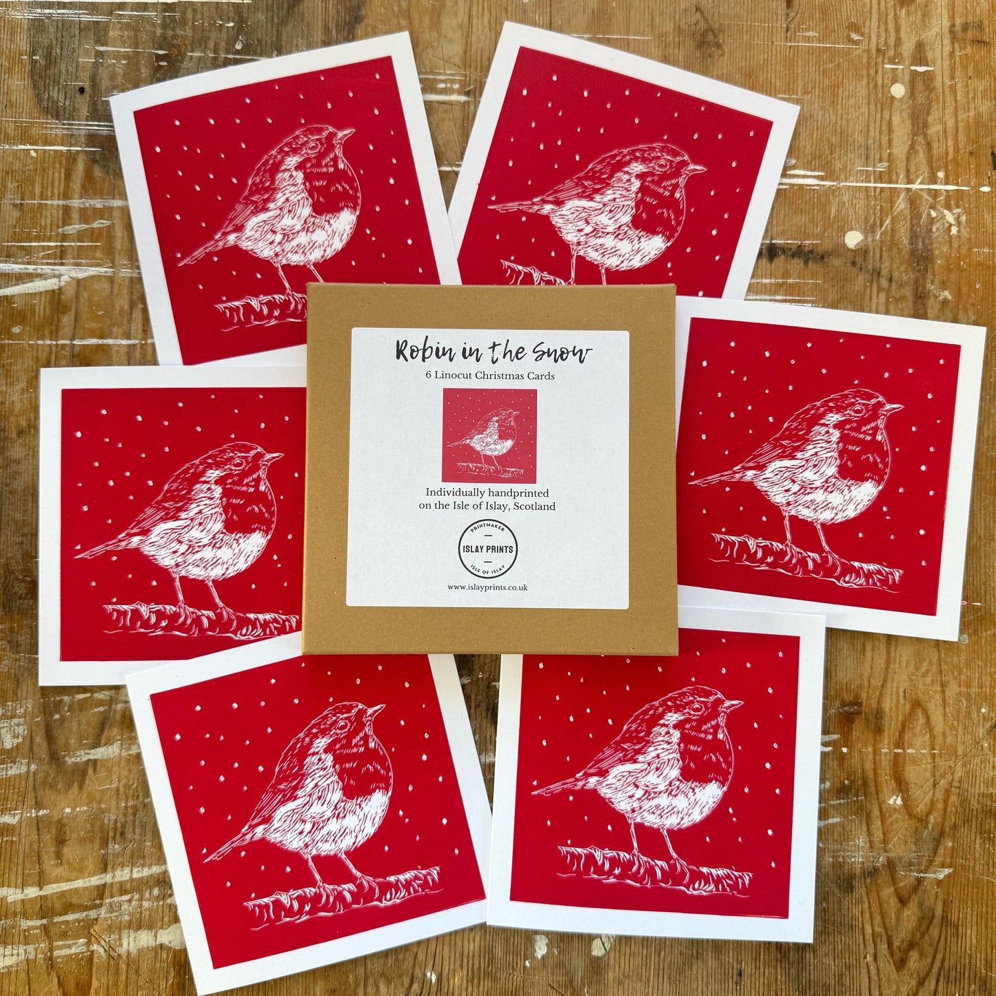 Robin in the Snow - 6 Handprinted Christmas Cards