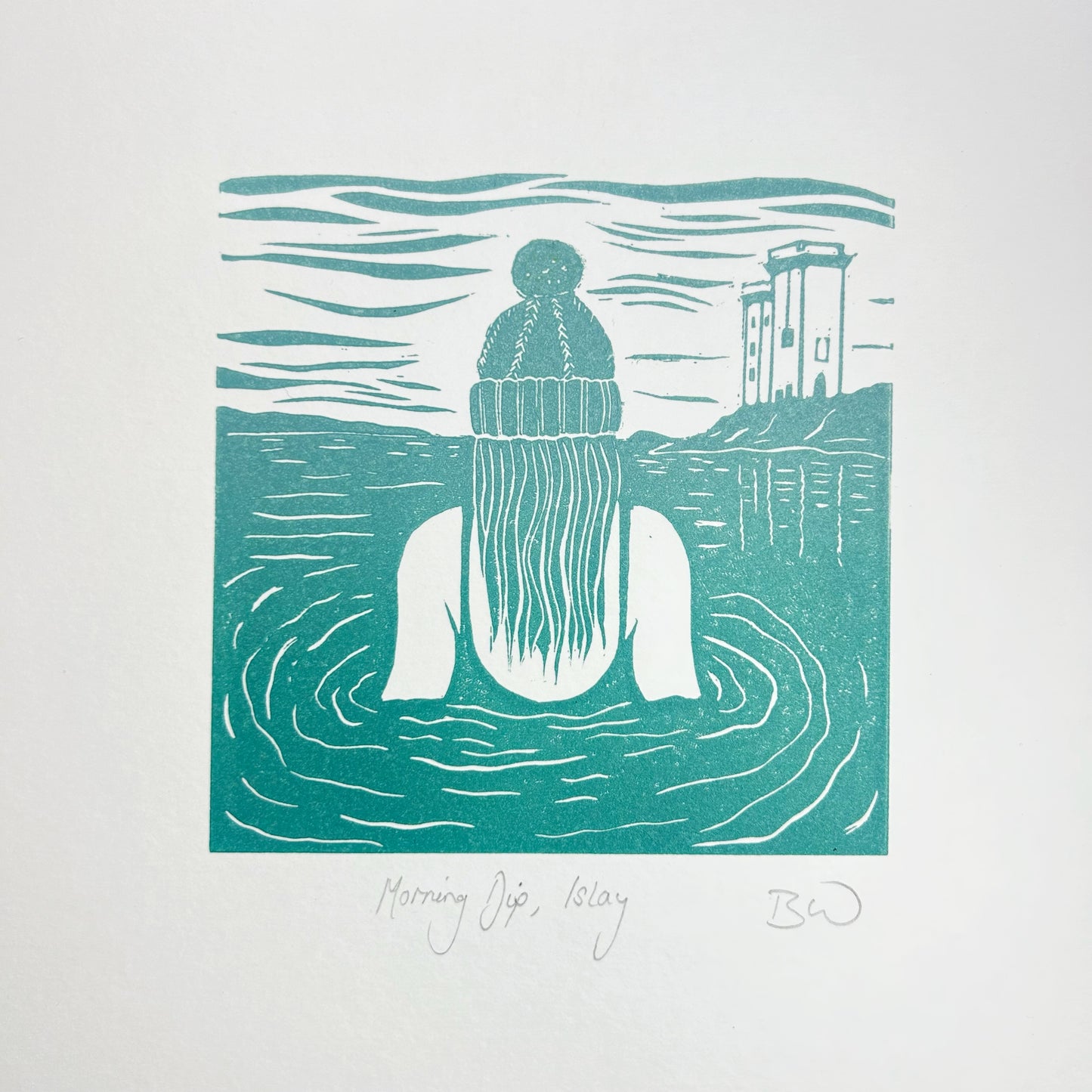 Morning Dip, Islay (teal) Original Linoprint