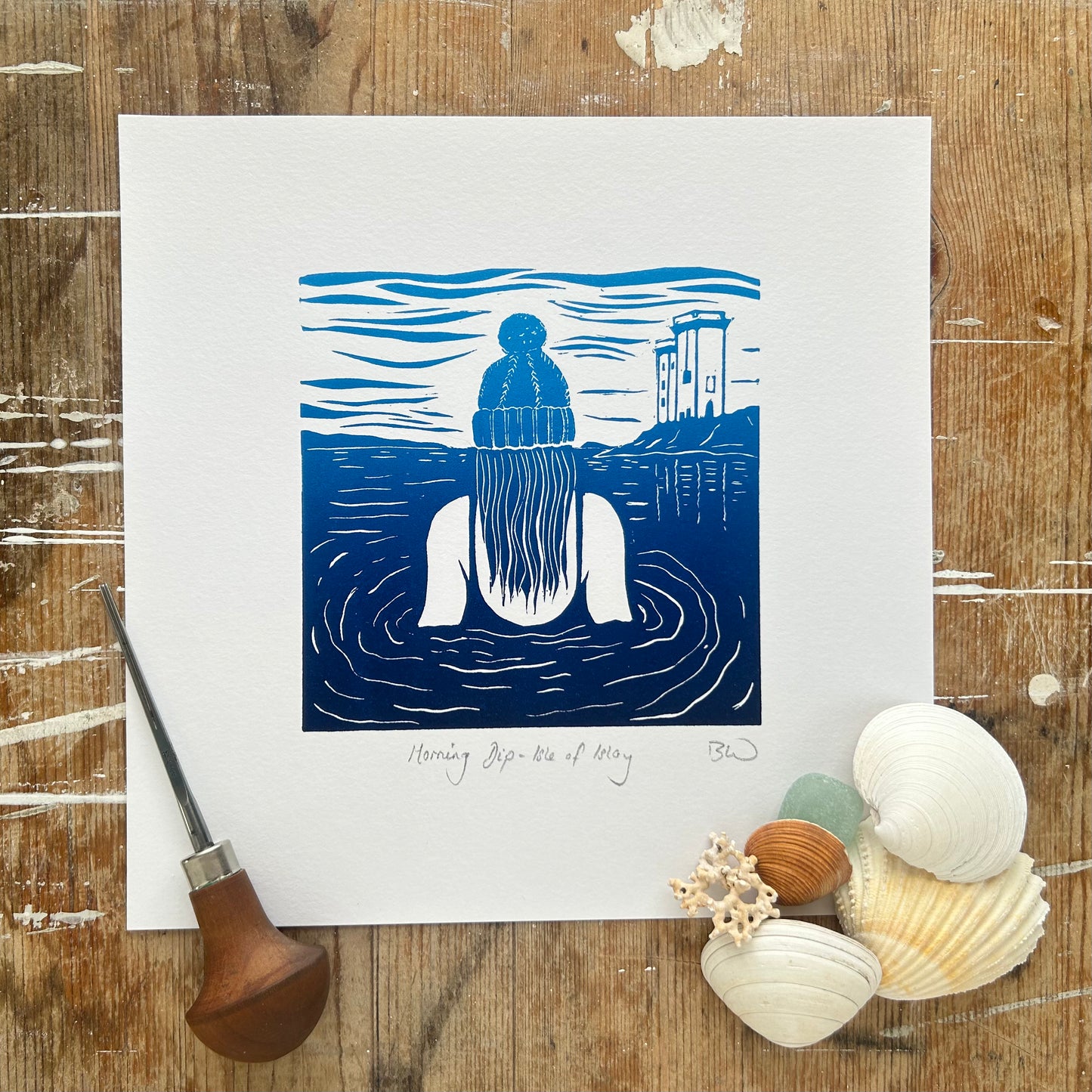 Morning Dip, Islay (blue) Original Linoprint