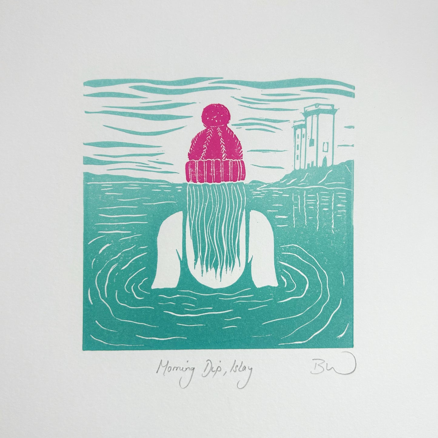 Morning Dip, Islay (pink) Original Linoprint