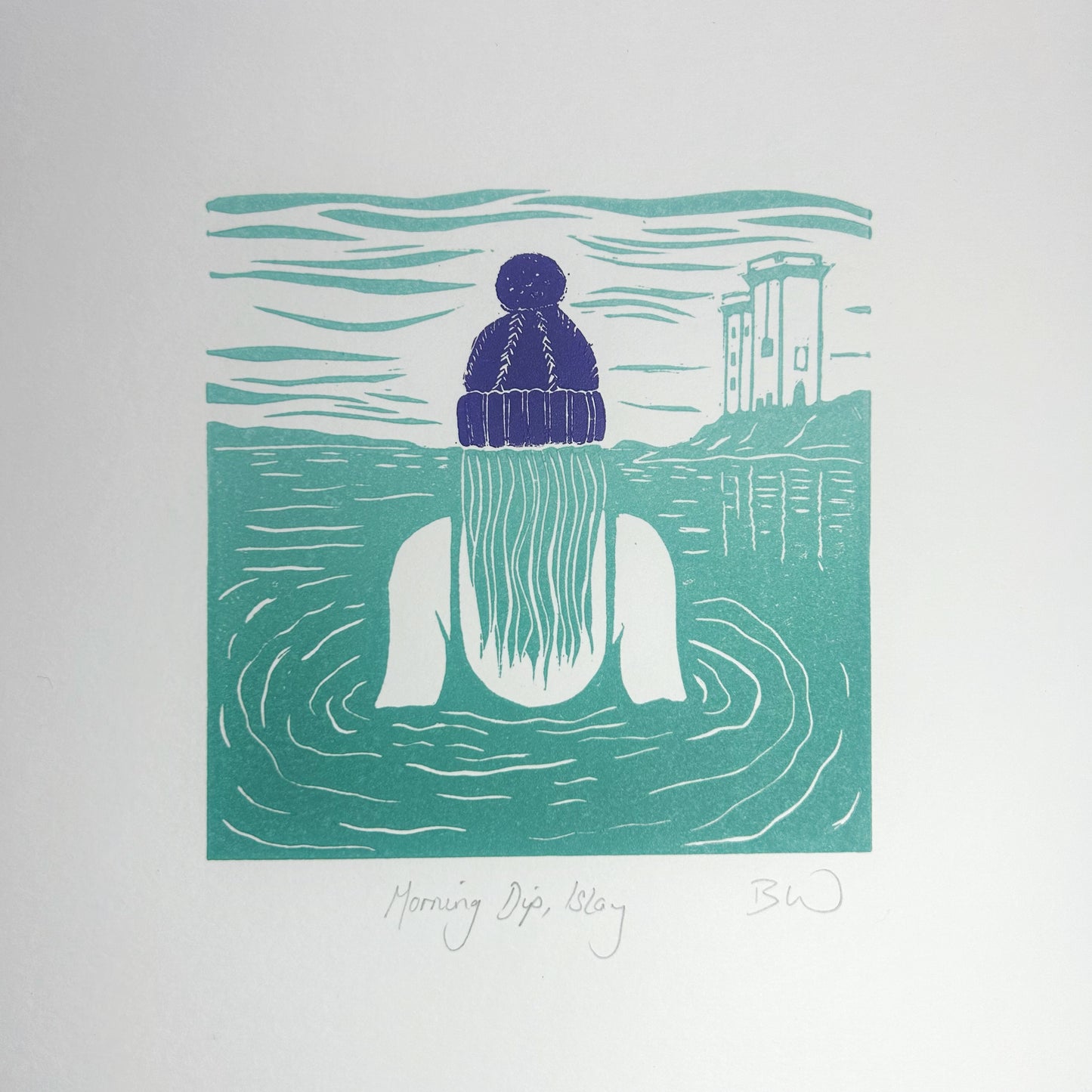 Morning Dip, Islay (purple) Original Linoprint