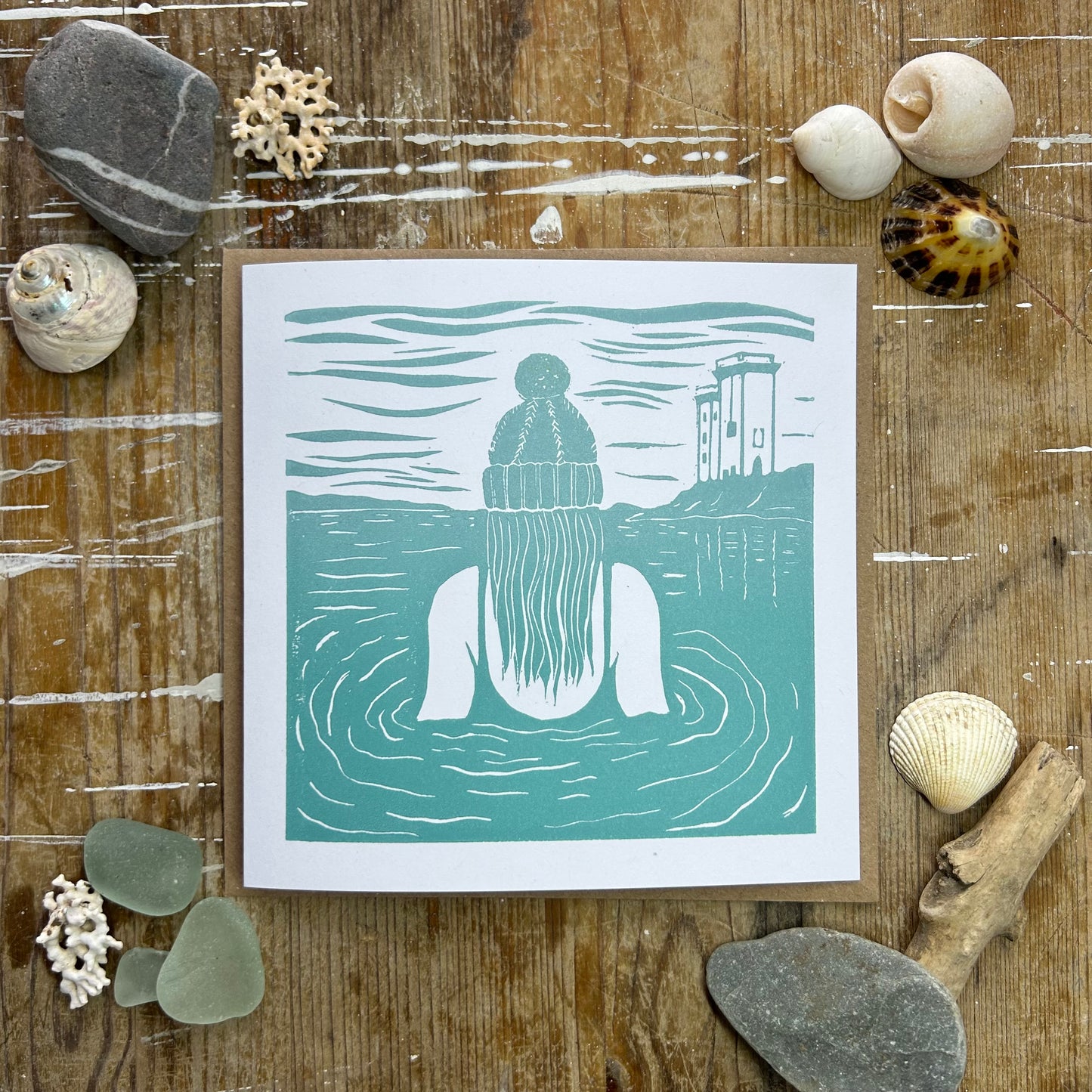 Handprinted Card - Morning Dip - teal - Isle of Islay