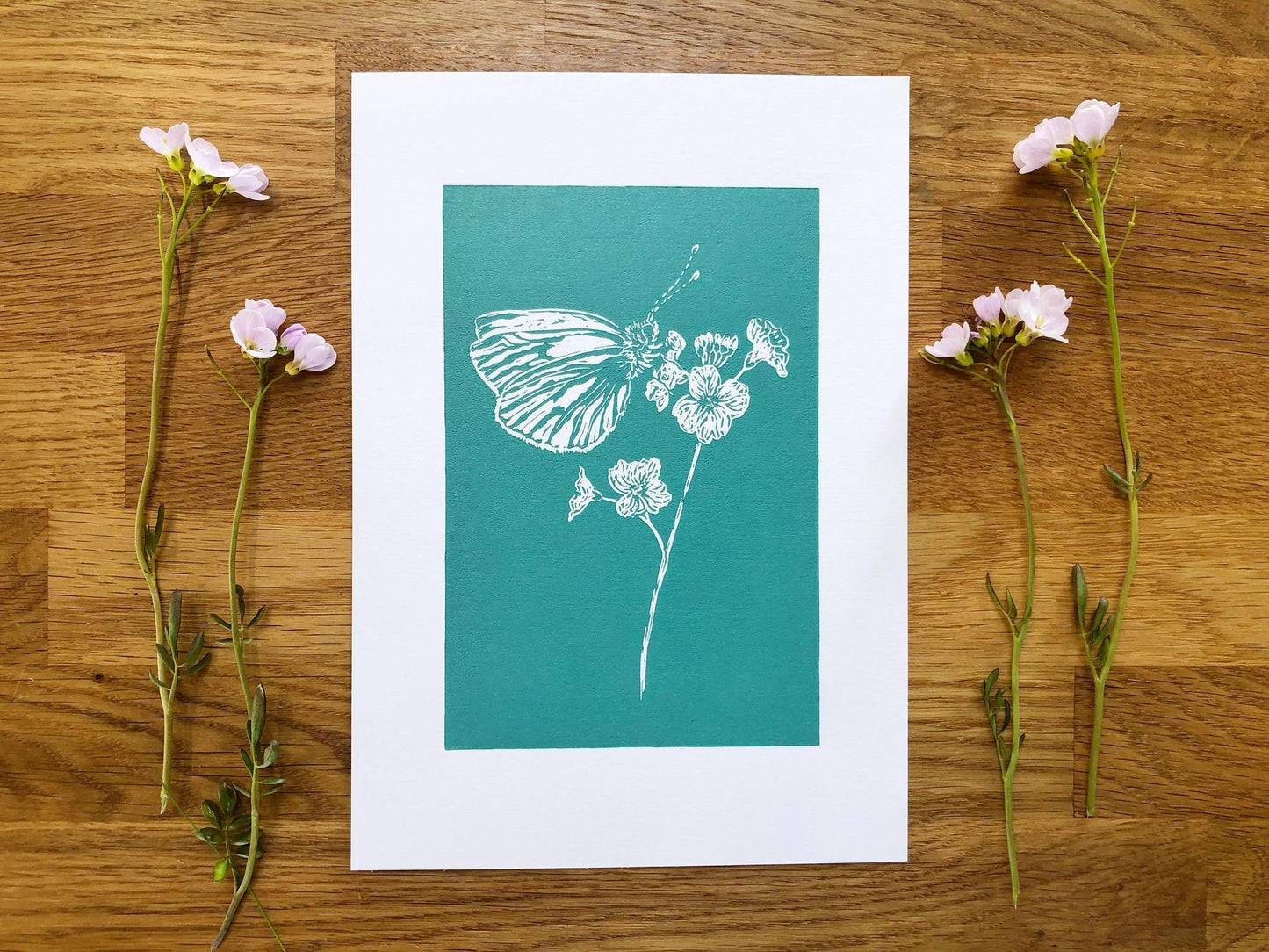 Green Veined White Butterfly on Cuckooflower Original Linoprint - Isle of Islay