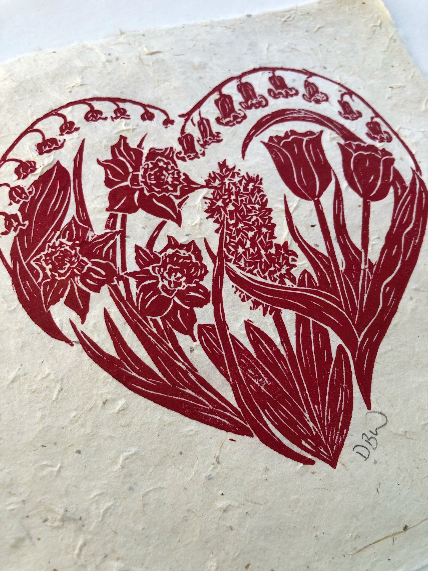 Handprinted Spring Flowers Heart, Original Linoprint on Natural Lokta Paper, Isle of Islay