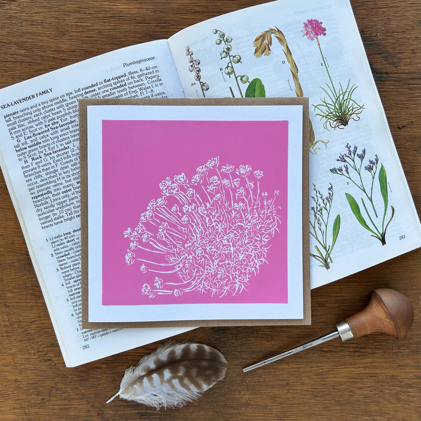 Handprinted linocut card - Sea Pink - Isle of Islay