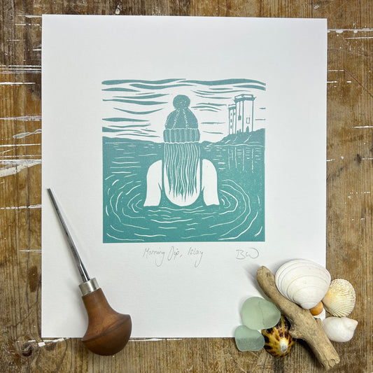 Morning Dip, Islay (teal) Original Linoprint