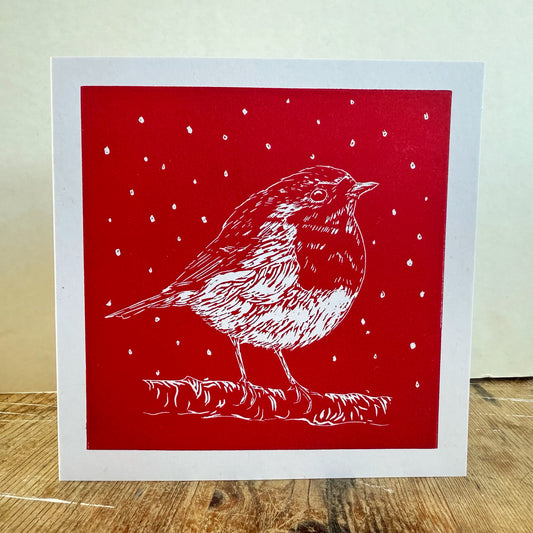Robin in the Snow - Handprinted Christmas Card