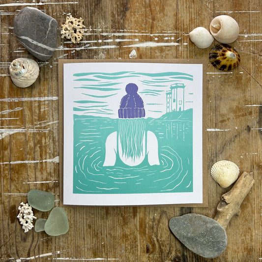 Handprinted Card - Morning Dip - purple hat - Isle of Islay