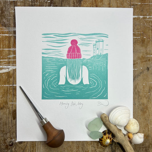 Morning Dip, Islay (pink) Original Linoprint