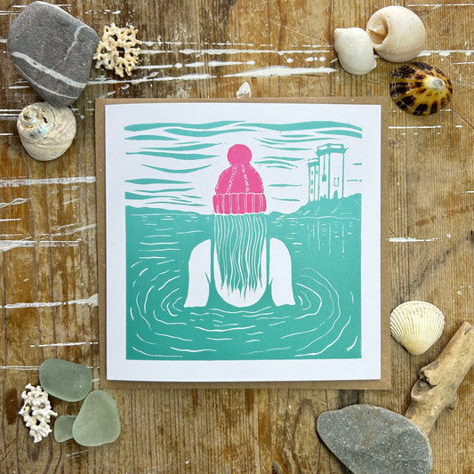 Handprinted Card - Morning Dip - pink hat - Isle of Islay