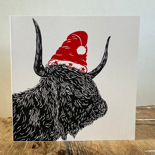 Christmas Highland Cow - Handprinted Christmas Card