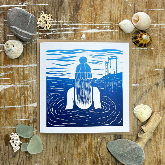 Handprinted Card - Morning Dip - blue - Isle of Islay
