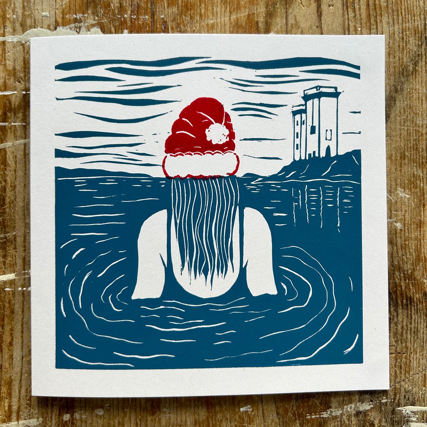 Handprinted Christmas Card - Christmas Morning Dip - Isle of Islay