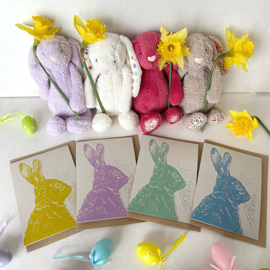 Colourful Easter Hares - 4 Handprinted Greeting Cards