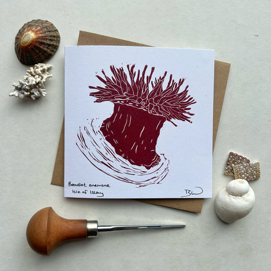 Handprinted Card - Beadlet anemone - Isle of Islay