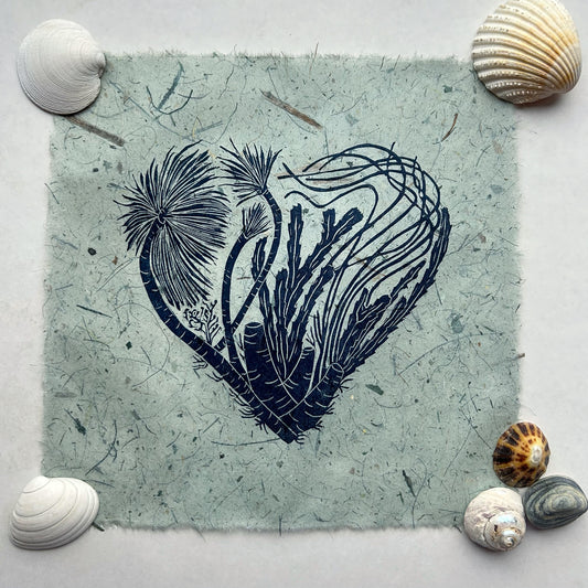 Underwater Love Handprinted Original Linoprint on Handmade Mulberry Paper