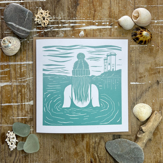 Handprinted Card - Morning Dip - teal - Isle of Islay