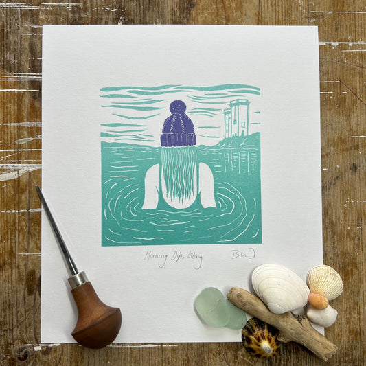 Morning Dip, Islay (purple) Original Linoprint