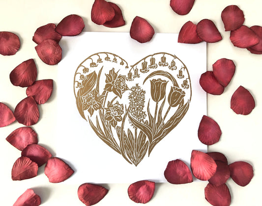 Gold Handprinted Spring Flowers Heart Card - Isle of Islay