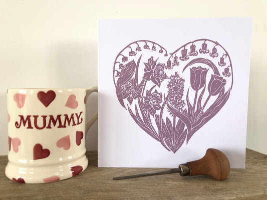 Handprinted Card, Spring Flowers in Mulberry - Isle of Islay