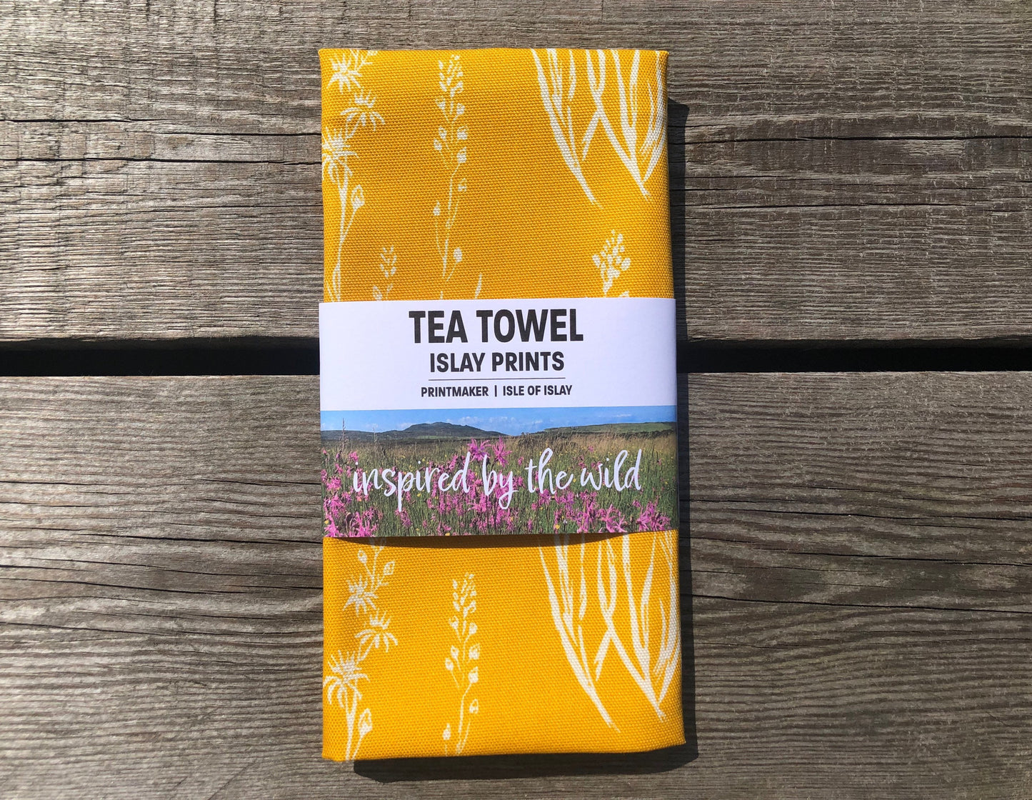 Wildflowers of Islay organic bespoke tea towel of Bog Asphodel
